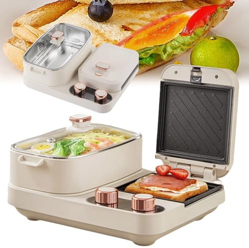 Multifunktionell frukostmaskin med non-stick stekpanna, bärbar smörgåsmaskin, varm gryta, justerbar knopp, avtagbar bakplåt för våfflor, toast och bröd