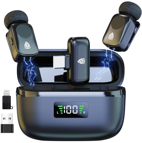AKINGUAR Micrófono Inalámbrico, Micrófono de Solapa Hi-Fi Audio, AI Voice Changer, Reducción de Ruido de 3 Niveles, 2.4GHz Mini Mic Microfono con Puerto USB Tipo C para Grabación de Vídeo, Vlog