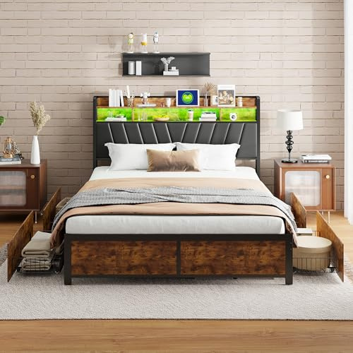 MOTUZP Letto matrimoniale, 180 x 200 cm Letto Imbottito con Piattaforma imbottita, USB e Illuminazione a LED, Struttura letto in legno e metallo con 4 Cassetti di Stoccaggio