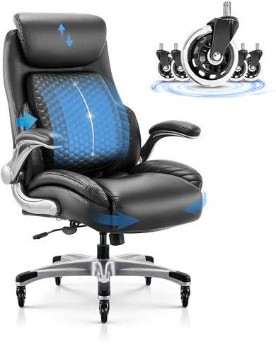 COLAMY Ergonomic Office Chair High Back Leather Desk Chair with Flip-Up Armrests,Adjustable Height,Silent Wheels, Padded Cushion & Lumbar Support Comfortable Gaming Chair for Home Office Study, Black