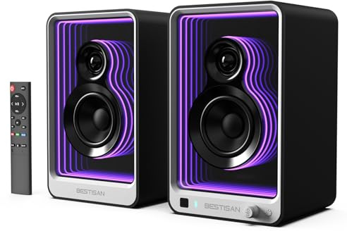BESTISAN - Altoparlante attivo da scaffale da 50 W x 2 con effetto luce dinamica, bassi da 3 pollici, con ingresso ARC/ottico/RCA/BT 5.2/USB/SUB Out per giradischi, PC, TV e telefono.