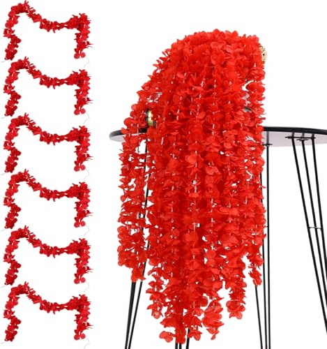 ZenyTra Lot de 6 guirlandes de fleurs rouges de 100 cm | Fleurs Yanglan artificielles avec fleurs en soie | Guirlande à suspendre pour mariage, jardin, décoration de maison | Fleurs artificielles