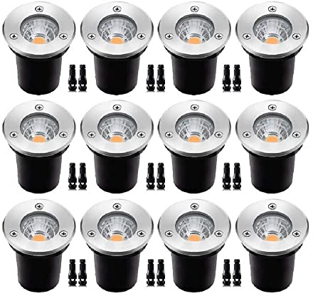 Ysjx Iluminación Exterior Paquete de 12 focos LED COB for empotrar en el Suelo, 12 V/24 V CC, 3 W/5 W, 65 mm, Acero Inoxidable 304, for jardín. Lámpara de Paisaje(Blanco,5W)