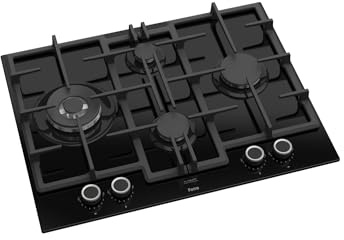 Ferre ED075WFA - 65cm FlameArt Built-in Gas Hob - 4 Burners - Cast Iron Pan Supports - Black Glass Body