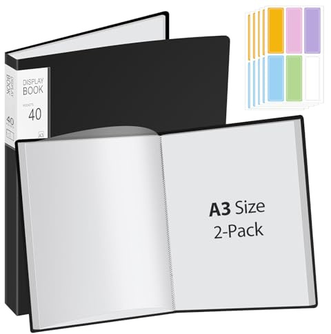 Lot de 2 porte-vues A3 à 40 poches, pochettes en plastique transparent pour peinture, illustration, certificat, partition, affiche, noir, 44 x 32 x 2,5 cm
