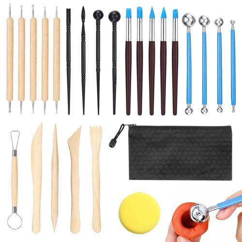 Quelcc 25pcs Outils de Sculpture, Outil de Poterie Sculpture Argile Burin Modelage, Kit d'outils Poterie pour Céramique, pour Sculpture, Artiste DIY, Art de Gaufrage, Menuiserie