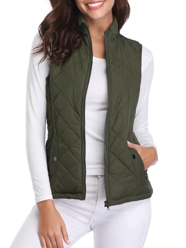 Fuinloth Women's Quilted Vest, Stand Collar Lightweight Zip Padded Gilet Green M