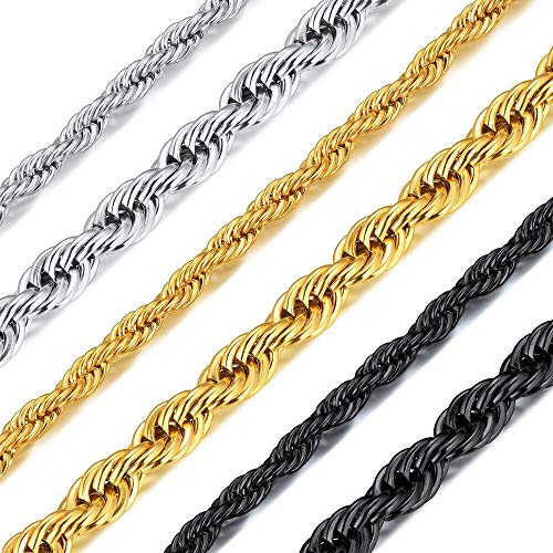 Richsteel 3mm Dorado Collar Trenzado 55cm Cadenas Cuerdas Acero Inoxidable Collar de Cadenas Hombre Mujer