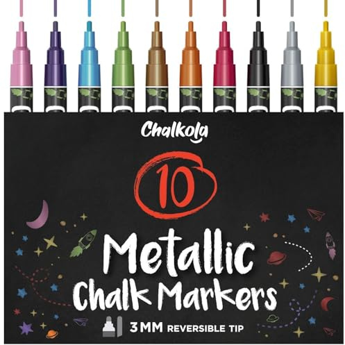 Metallic Liquid Chalk Markers Fine Tip - Dry Erase Marker Pen for Chalkboard Signs, Windows, Blackboard, Glass - 3mm Reversible Tip (10 Pack) - 50 Chalkboard Labels Included | Raderbara kritpennor, torr raderbar markörpenna för svarta tavlan, fönster, tavla, glas, bistro och icke-porösa ytor