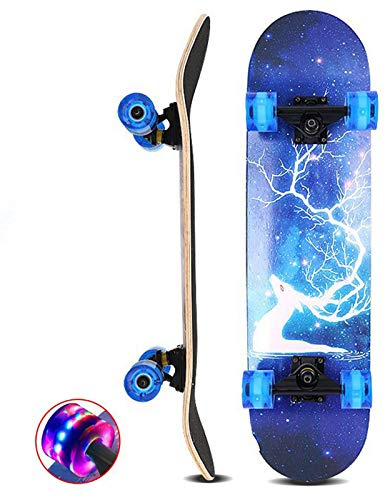 DFWYG Skateboard 31 x 8 Pulgadas 7 Capas Longboards de Madera de Arce con Ruedas con Luz LED, Tabla de Skate Cruiser Completa Profesional para Adolescentes, Adultos, Niños,Elk