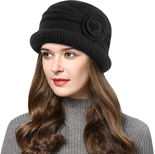 Wantonfy Damen Strickmütze Warme Wintermütze mit Roll Up Kante Mütze mit Seitlicher Blume Atmungsaktivem Beanie Winter