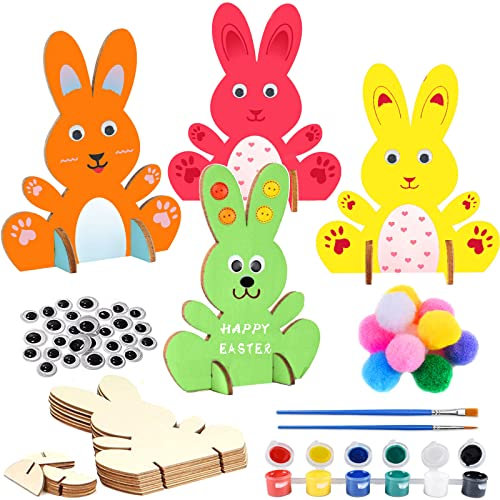 10 Stück Hasen aus Holz zum Bemalen, DIY Osterhase Deko, Bastelset Kinder mit Bunte Mini Pompons und Kulleraugen und Bemaltes Set, für Kinder Ostern und Frühling zum Dekorieren (A)