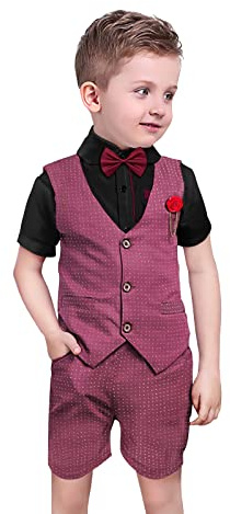 Nwada Baby pojkar gentleman set för barn dop kläder kostym för sommar, barn kostymer för bröllop, väst skjorta shorts fluga 2–7 år, röd svart, 5-6 år
