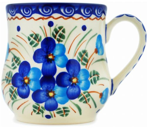 Polmedia Polish Pottery Mug 13 oz - Blue Pansy Pattern Handmade in Boleslawiec Poland by Ceramika Bona + Certificate of Authenticity