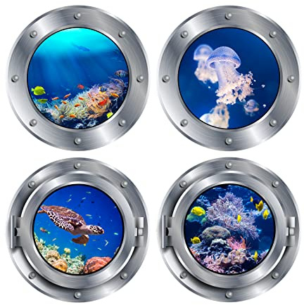 PLIGREAT 4 Pcs 3D Underwater Wall Stickers for Bathroom | Peel and Stick Ocean Sea Life Decals for Bedroom Playroom Nursery, Removable Under The Sea Design, Home Art Decor