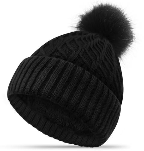 FORVEVO Mütze Damen Winter, Beanie Damen mit Fleece Gefüttert, Warme Wintermütze, Strickmützen mit Bommel für Outdoor Laufen Skifahren (Schwarz)