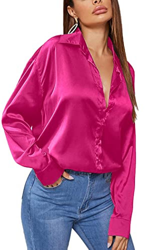Zeagoo Damen Satin Bluse V-Ausschnitt Langarm Seidenbluse Elegant Satinblusen Causal Oberteil Langarmshirt Business Hemd Dunkelrosa S