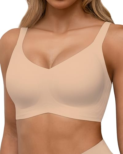 Horisun - Reggiseno senza cuciture a copertura totale, push-up senza ferretto per donna, bralette confortevole con scollo a V e supporto., Nude, L