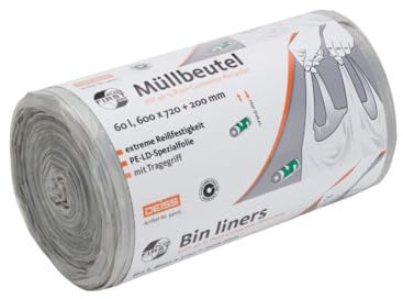 DEISS First Plus Pcr Müllbeutel 60 Liter, 34025 mit Tragegriff - Karton / 60 Liter | Karton (20 Rollen)