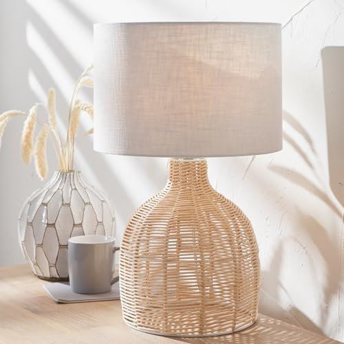 Pacific Lifestyle Boho Wicker Table Lamps for Living Room | Natural Rattan Standard Lamp with Cream Shade | Bedroom Bedside Table Lamps with Shade | Neutral Organic Table-Lamp (Natural)