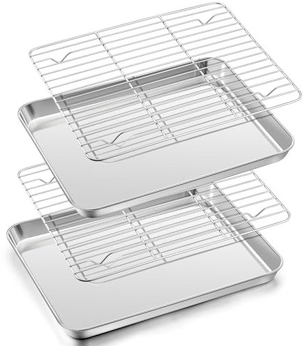 Herogo Set di teglia da forno con griglia di raffreddamento, in acciaio inox con griglia per torte (2 teglie, 2 griglie per raffreddamento), piccola teglia rettangolare con griglia da forno, griglia