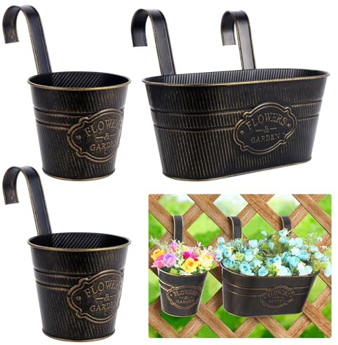 Fippy 3PCS Metal Hanging Flower Pots, Large Hanging Planter Pots with Detachable Hook, Fence Hanging Plant Pots for Balcony Railing Garden Decor (Vintage)