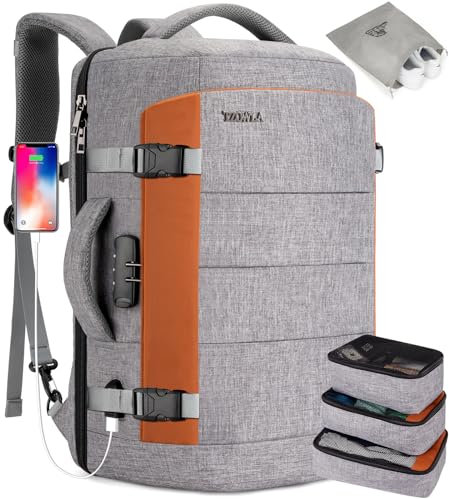 Tzowla ReiseRucksack Laptop Handgepäck Rucksack 40l für Damen und Herren,Fluggenehmigung,Großes Fassungsvermögen,Anti-Diebstahl-Rucksäcke Wasserdicht mit USB-Anschlus für 17,3 Zoll Notebook-Grau