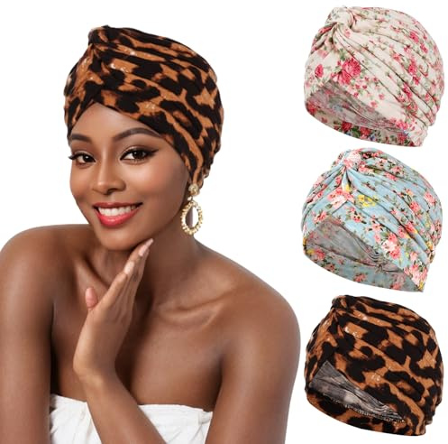 XEPST 3 PIÈCES Turbans pour Femmes, Couvre-Chef de Chimio Plissé Foulard Imprimé Floral Turban Bonnet Bonnet Couvre-Chef Couvre-Chef de Cancer Femmes pour la Perte de Cheveux Chimio Bonnet de Nuit
