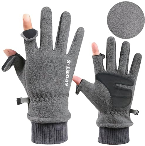 Fnaobai Fleecehandskar för kvinnor och män vinter varm pekskärm kallt väder handskar justerbar handled termiska vantar för löpning skidåkning, Grå-2 Finger, Men