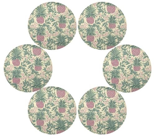 Retro Pineapple and Flower Round Vinyl placemats Reusable placemat underplate mat Waterproof placemats for Kitchen Table Table Settings for Dining Table 6 15.4x15.4in