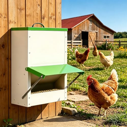 MUYIRTED Comedero Automático para Gallinas Anti Ratas, Alimentador Automático De Pollo, Comedero Colgante para Pollos Pato, Metal, Esistente A La Lluvia, Tolva Exterior