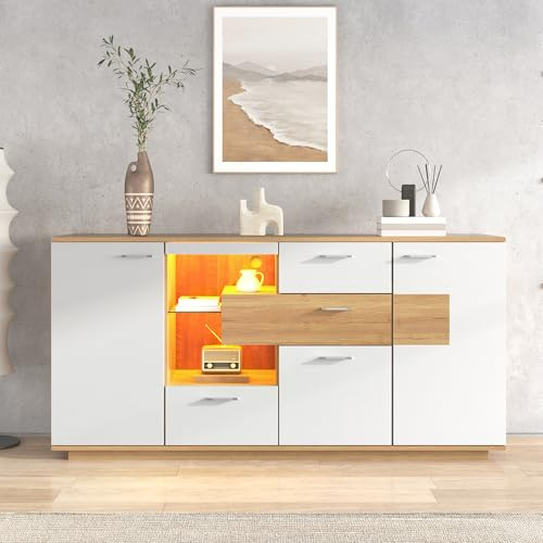 LAKFEW Aparadores para Salon con LED y Estante de Cristal, Aparador Salon con 4 Cajones y 2 Puertas, Aparador Entrada, Muebles de Salon Mueble Auxiliar Salón, 160x40x77 cm, Color Madera+Blanco