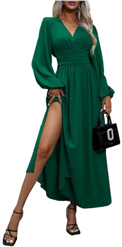 LUVCES Robe Longue Femme Chic et Elegant Col en V Robe Plissée Manches Longues Fendue Solide Robes pour Automne Hiver 2024 Demoiselle d'honneur Mariage Fête Vert XL