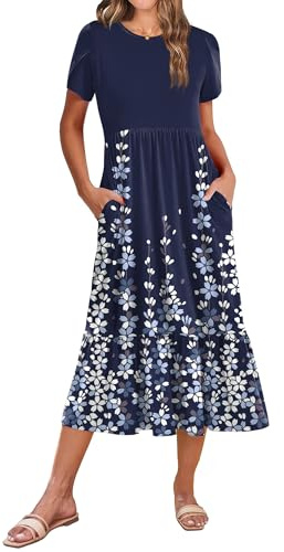 ZEAGOO Robe Été Femme Élégante Manches Courtes Robes Casual Taille Haute Ligne A Robe Longue Robe de plage Décontractée avec Poches