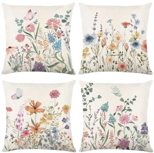 4er Set Kissenbezug 45x45 cm, dekorative Frühlings-Gartenkissenbezüge mit bunten Blumen und Schmetterlingen, weich und strapazierfähig, für Terrasse, Balkon, Wohnzimmer als schöne Frühlingsdekoration