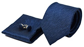 Sweet Leaf Coffret Ensemble Cravate Homme, Mouchoir de Poche, Boutons de Manchette Bleu Foncé - 100% en Soie - Classique, Elégant et Moderne - (Idéal pour un cadeau, un mariage, avec un costume)