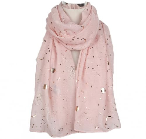 Tinpia Fashion Scarf for Women, Lightweight Colorful Shawl with Star Moon Pattern for Girls Ladies Women Pink