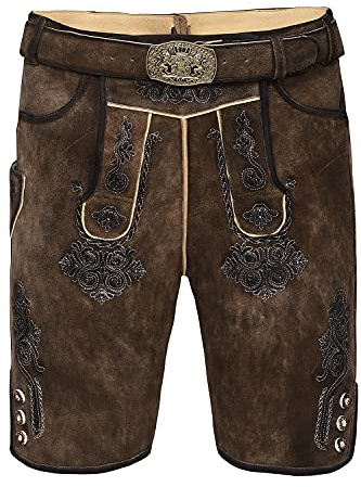 Edelnice Trachtenmode Bayerische Traditionelle Kurze Lederhose Fabian mit passendem Trachtengürtel aus Ziegenleder Gr. 46-64 (64)