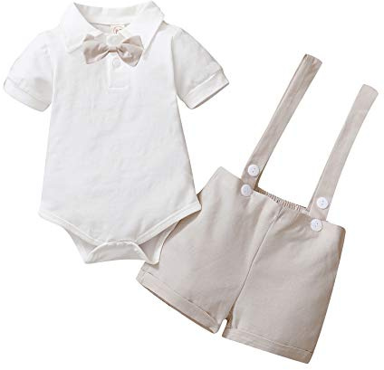 Gajaous Baby Boys Gentleman Suits, Children's Short Sleeve Bowtie Shirt Romper + Braces Shorts Overalls Festive Christening Wedding Gentleman Shorts Set, A-beige, 6-12 Months