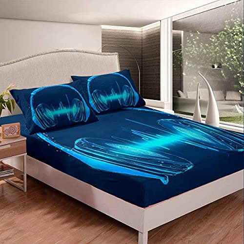 Loussiesd Jungen Headset Bettlaken Set für Kinder Mädchen Schlafzimmer Dekor Rockmusik Thema Spannbettlaken 140x200cm Blau Kopfhörer Tröster Musical Pattern Spannbetttuch mit 1 Kissenbezug