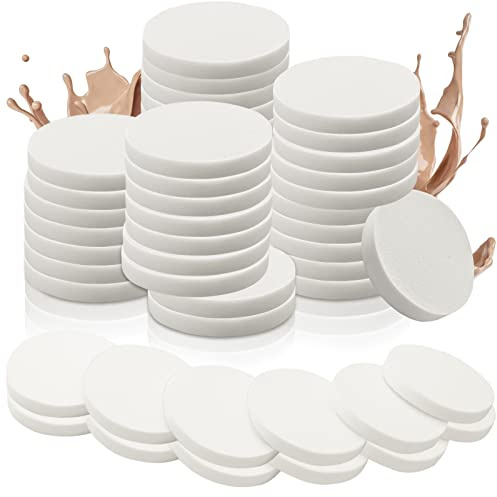 Vmiapxo 48 Pieces White Makeup Sponge, Cosmetic Sponge Round Foam Pad, Compact Facial Powder Puff, Beauty Makeup Foundation Powder Blender for All Skin Types Wet and Dry Dual Use