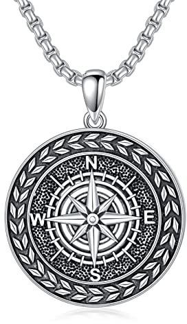 Shusukue Herren Kette Kompass 925 Sterling Silber Kompass Anhänger Halskette Oxidierter Schwarz Kette Kompass Schmuck Geschenk für Herren Männer Jungen
