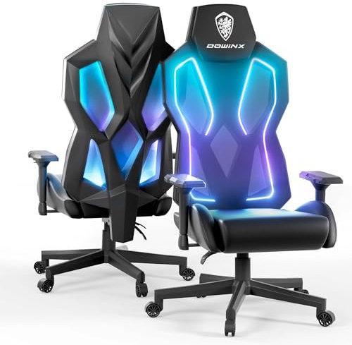 Dowinx LED Gaming Stuhl mit 4D-Armlehnen, RGB Ergonomischer Gamer Stuhl PU Leder, Video Gaming Sessel mit Verstellbarer Lendenwirbelstütze, Computerstuhl für Erwachsene, Schwarz