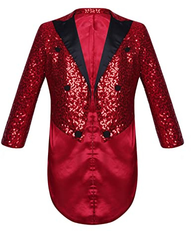 FEESHOW Kids Boys Sparkle Sequin Tailcoat Jacket Tuxedo Blazer Show Suit Performance Costume Wedding Party Dancewear Burgundy 12 Years