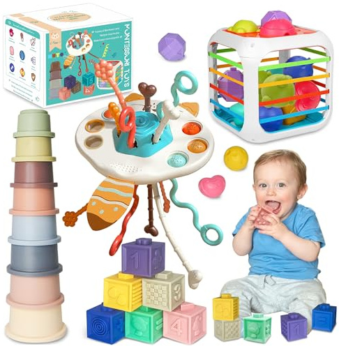 MutoToy® Baby Spielzeug 6 Monate - 4 in 1 Montessori Motorikspielzeug Mit Sensorik, Stapelbecher, Zugschnur Und Softbausteine