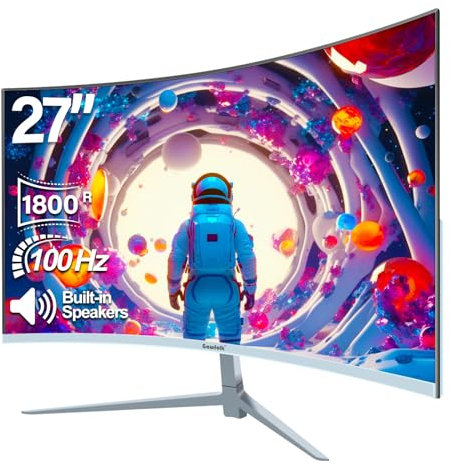 Gawfolk Curved Monitor 27 Zoll 100Hz mit Lautsprecher, 1800R Gebogen PC Bildschirm FHD 1080P, Weiß Computerbildschirm mit Eye Care Technologie HDMI VGA, unterstützt VESA