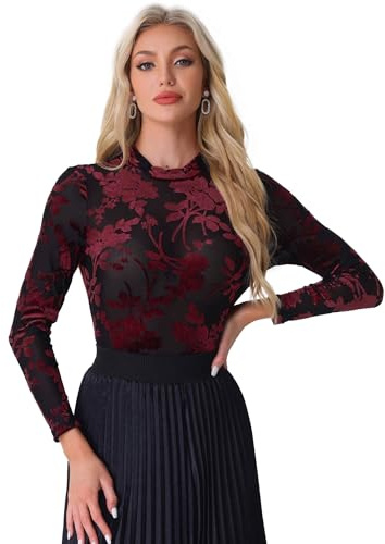 Allegra K Top De Malla Transparente para Camisetas con Estampado Floral De Terciopelo con Cuello Simulado para Mujer Negro Rojo S