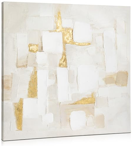 Briful 24x24 Large Canvas Wall Art for Living Room | 60cm x 60cm Hand-painted Abstract Wall Art | Framed Wall Art Golden Lines Geometric | Textured Oil Painting Canvas Picture for Bedroom Decor