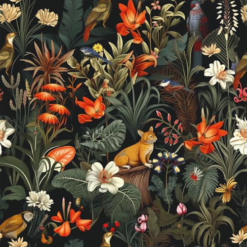 VEELIKE Tapete Wandaufkleber Jungle Exotische Schwarze Blumen Tapete 44,5 cm * 300 cm Tropische Wald Vögel Fototapete Schlafzimmer Badezimmer Wanddekoration Flur