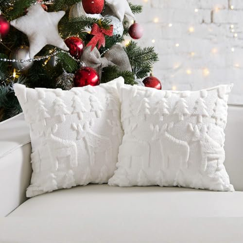 Set di 2 federe natalizie 45,7 x 45,7 cm, in morbida pelliccia di coniglio in finta pelliccia di coniglio, ricamo 3D, con albero di Natale e cervo, per decorare il divano, con cerniera invisibile